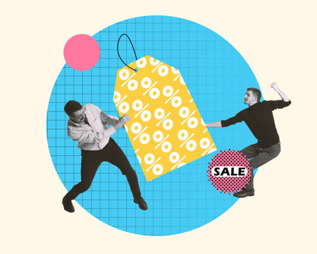 Two stylish man doing shopping at lower price. Big sales season, marketing, mall ads. Contemporary art collage.の写真素材