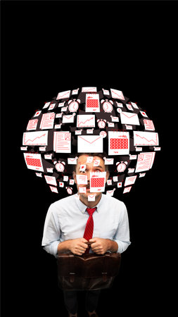 Businessman standing with wide open eyes, looking at how many tasks, mails and deadlines he has. Overworking. Contemporary art collage.の写真素材