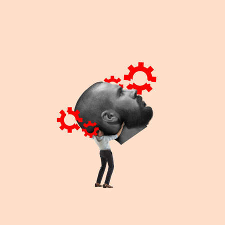 Fixing head. Businessman, employee holding head and setting gears. Need in rest and relaxation. Contemporary art collage.の写真素材