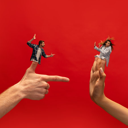 Creative collage with hands. Young man emotionally shouting at woman, loudly expressing negative feelings and disagreementの写真素材