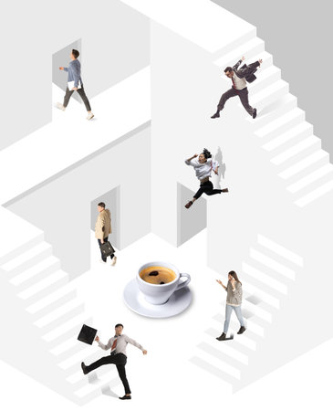 Group of employees, men and women walking in office. Different departments. Motivation and ambitions. Creative conceptual collage.の写真素材