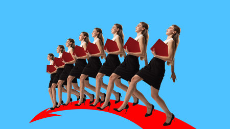 Creative conceptual collage. Young ambitious and motivated woman, employee moving forward to professional success and growthの写真素材