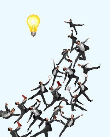 Creative conceptual collage. Motivated and ambitious employee, office worker working on his way to success. Making creative ideasの写真素材