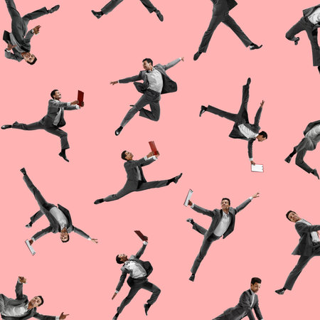 Creative conceptual collage. Motivated and ambitious employee, office worker working on his way to success. Career developmentの写真素材
