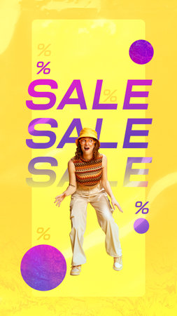 Young girl in stylish casual clothes with funny expression over yellow background with sales words. Contemporary art collage.の写真素材