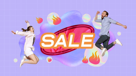 Happy young cuple, man and woman feeling positive about big sales season. Contemporary art collage.の写真素材