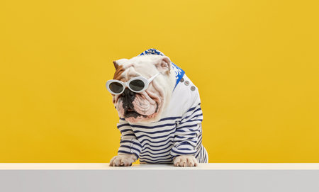 Summer vacation. Purebred, stylish dog, purebred english bulldog wearing striped shirt and sunglasses against yellow studio backgroundの写真素材
