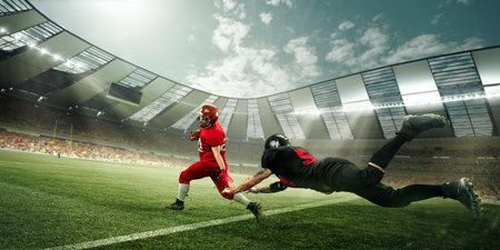 Two men, american football players, opponents running on 3D stadium, sports field with ball during match. Open air arenaの写真素材