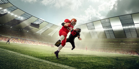 American football players in uniform, in motion during game, running with ball at 3D stadium. Open air sports arenaの写真素材
