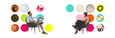 Contemporary art collage. Man and woman, married couple in retro clothes sitting in armchairs,...
