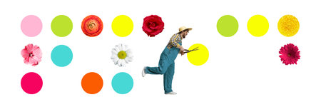 Contemporary art collage. Young man, gardener with scissors over white background. Growing flower. Floristの写真素材