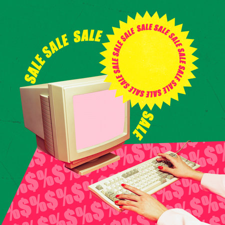 Contemporary art collage. Online shopping, Design in retro style. Female hands typing in computer...