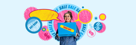 Contemporary art collage. Happy and excited young woman doing online shopping, buying clothes at...