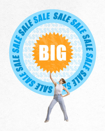 Contemporary art collage. Young woman feeling excited about big sales in stores. Great shopping. Reduction of priceの写真素材