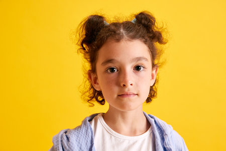 Close-up portrait of beautiful little girl, child with curly hair posing, looking at camera against...