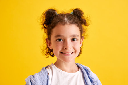 Close-up portrait of beautiful little girl, child with curly hair posing, looking at camera, smiling...