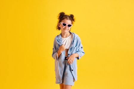 Portrait of beautiful little girl, child with curly hair, in sunglasses posing against yellow studio background. Summer styleの写真素材