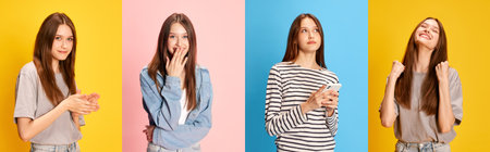 Collage made of portrait of young beautiful woman in different clothes, posing with diverse emotions...