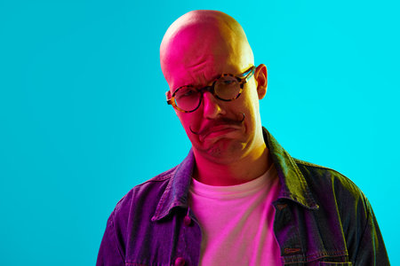 Portrait of young bald man with moustache against blue studio background in neon light. Unpleasant,...