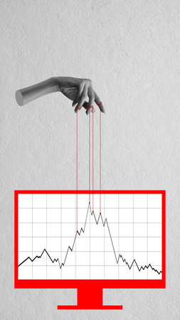 Contemporary art collage. Human hand holding strings from analytical graph. Coordination and...