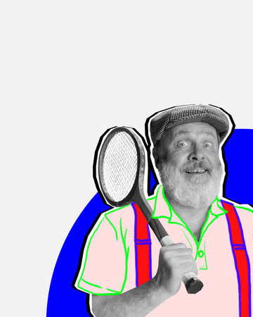 Contemporary art collage. Senior cheerful man standing with tennis racket. Hobby. Active lifestyleの写真素材