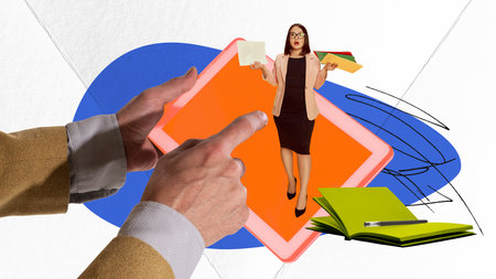 Contemporary art collage. Male hands touching tablet screen. Female teacher teaching remotely. Growing skillsの写真素材