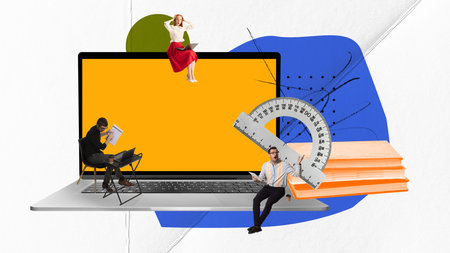 Contemporary art collage. Young people sitting near laptop and tufting. Online lessons. Internet...