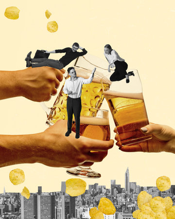 Young people, employees clinking beer glasses, celebrating, having fun. After work party and joy. Contemporary art collage.の写真素材