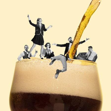 Happy and cheerful employees having fun after work, diving into foamy beer. Friday evening celebration. Contemporary art collage.の写真素材