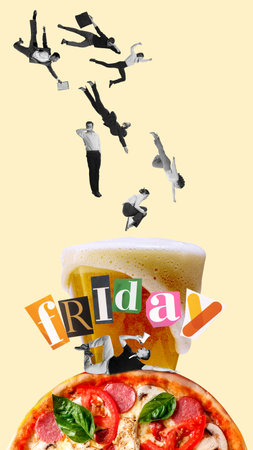 Friday relaxation after work. Young people, employees, office workers digging into foamy lager beer. Contemporary art collage.の写真素材
