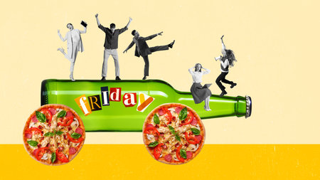 Happy and joyful employees, workers rising on beer bottle with pizza wheels to friday evening. Contemporary art collage.の写真素材