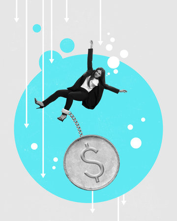 Young woman, employee falling down with coin symbolizing financial crisis of enterprise. Contemporary art collage.の写真素材