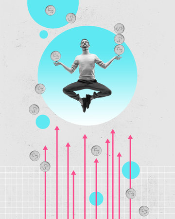 Young businessman balancing, meditation on financial arrows going up. Staying calm. Growing success. Contemporary art collage.の写真素材