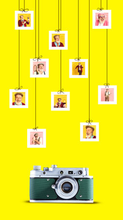 Making memories. Retro camera over bright yellow background with photos of senior man. Contemporary art collage.の写真素材