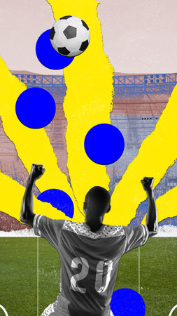 Young man, football player celebrating winning, successful game. Championship winner. Contemporary art collage.の写真素材
