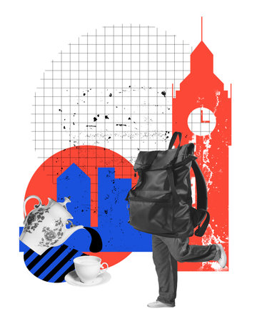 Man with backpack travelling to England, visiting popular places, following traditions, drinking...