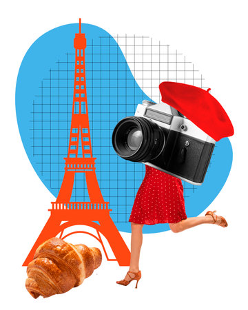 Young woman in elegant clothes travelling to france, visiting famous places and eating traditional french croissants. Contemporary art collage.の写真素材