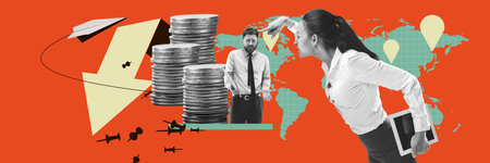 Business woman, project manager shouting at employee, being angry. Financial crisis. Contemporary art collage.の写真素材