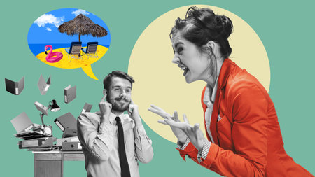 Woman, boss shouting at male employee, man dreaming about vacation. Badly finished tasks....
