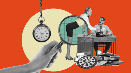 Personal assistant of businessman serving coffee to boss. Deadlines. Working atmosphere. Contemporary art collage.の写真素材