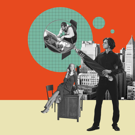 Employees, office workers finishing tasks, making control over projects and team. Professional occupation. Contemporary art collage.の写真素材