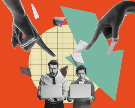 Man and woman, employees looking on laptop, working, finishing deadlines. Control and lack of time. Contemporary art collage.の写真素材