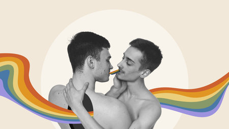 Young men hugging, expressing love to each other over rainbow elements. Same gender relationship. Support. Contemporary art collage.の写真素材
