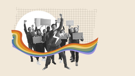 Group of young people showing movement aiming on lgbt community support. Contemporary art collage.