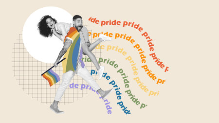 Young man carrying beautiful woman on his shoulder. Pride month. Lgbt support. Contemporary art collage.の写真素材