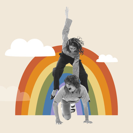 Cheerful woman jumping over young man against rainbow background. Pride month. Lgbt. Contemporary art collage.の写真素材