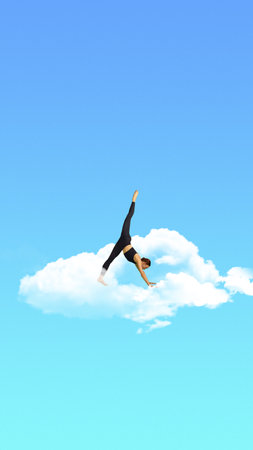 Young slim woman stretching, training on clouds. Feeling good, taking care after health and self....