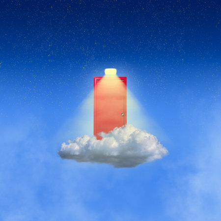 Conceptual design with door on cloud, light and new path. Secrets, new beginning. Contemporary art collage.の写真素材