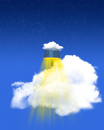 Conceptual creative design with lamp and cloud epressing light over blue sky background. Contemporary art collage.の写真素材