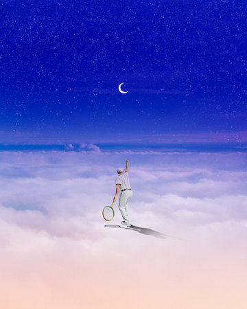 Senior man playing tennis on clouds over sky background with moon. Contemporary art collage.の写真素材